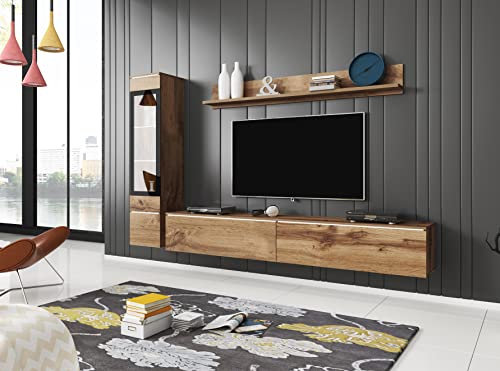 MINIO go for it - Ensemble D'éléments Muraux 3 Pièces Veve 1 I Suspendu Ou Debout I Armoire Haute Vitrine I Lowboard I Panneau Mural I sans Éclairage I Chêne Wotan