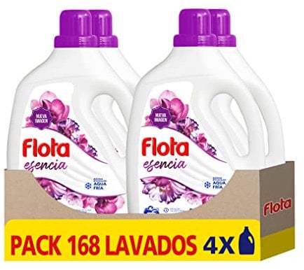 FLOTA | Detergente Líquido Quitamanchas incluso en Agua Fría para Lavadora | Ropa Blanca y de Color | Fragancia Esencia Floral | Pack de 4 x 42 Lavados = 168 Lavados