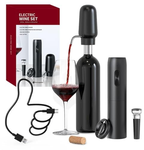 CIRCLE JOY Sacacorchos Eléctrico 4 en 1 Juego de Regalo de Vino con Abridor de Vino Recargable, Vertedor Aireador de Vino Recargable, Cortacápsulas y Tapón de Vino al Vacío, Negro
