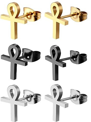 Flongo 3 Paare Ankh Kreuz Ohrstecker Set Ägyptischen Cross Ohrringe silber gold schwarz edelstahl ankh earrings Stecker Stud für Damen Herren mädchen