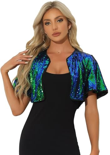 Allegra K Damen Bolero Pailletten Glitzer Shrug Party Crop Jacke Schwarz Blau Grün M