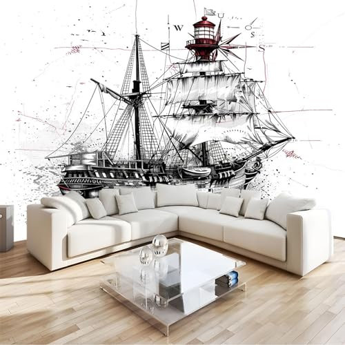 Art Fototapete Handgezeichneter Segelschiff-Leuchtturm 200 x 140 cm Vlies Tapeten Moderne Wandtapete Wohnzimmer Schlafzimmer Tapete