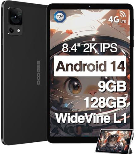 DOOGEE T20 Mini Tablet 8.4 Pulgadas, 9GB RAM + 128GB ROM/TF 1GB, Android 14 con 1920x1200 FHD+ Pantalla y Batería 5060mAh, 4G LTE y 2.4G/5G WiFi TÜV Certificado, Desbloqueo Facial, Negro