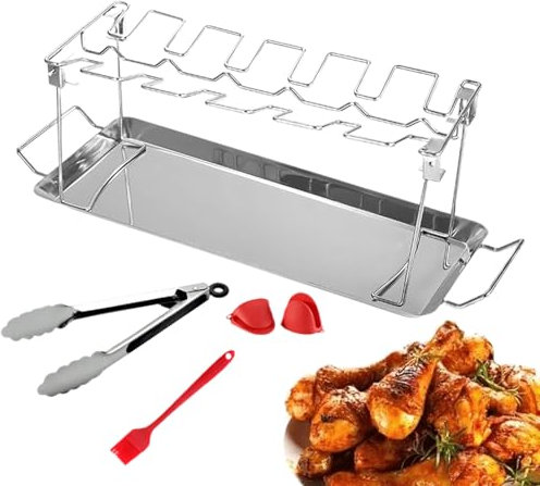 Generisch Support pour cuisses de poulet - Support de cuisse de poulet - En acier inoxydable - Outils de barbecue avec 12 fentes - Grille de cuisson pour poulet - Accessoires de barbecue avec bac de