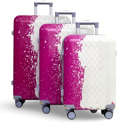CBA 3-Piece Luggage Set – Pink & White – Cabin, Medium & Large Suitcases, Lightweight ABS+PC Hard Shell with Removable + Spare Wheels, TSA Lock, Built-in Cup Holder – Travel Set