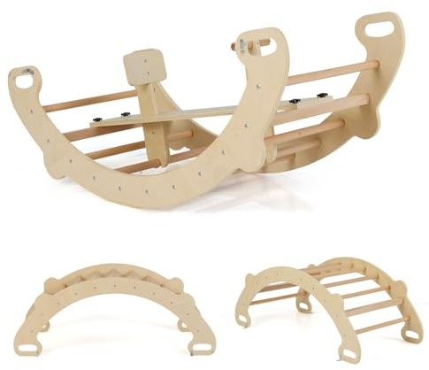 HOMASIS Kletterbogen Indoor, 4 in 1 Klettergerüst mit Schaukelpferd, Montessori Bogenwippe zum Wippen & Klettern, Picklerdreick Kletterdreieck Spielplatz Holz für Kinder ab 3 Jahren (Natur)