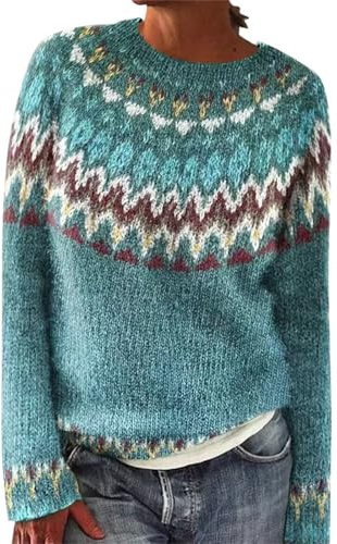 HUIFUAO Fair-Isle-Pullover für Damen, Übergröße, Norwegisch, Isländisch, Winter, dick, warm, Weihnachtspullover, Vintage-Strickwaren, weicher Weihnachtspullover, langärmelige Oberteile