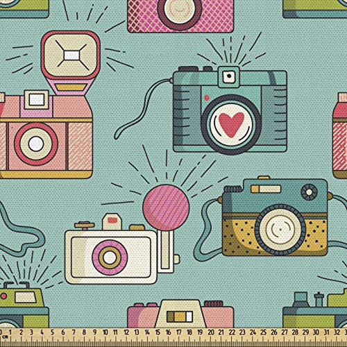 ABAKUHAUS Retro Gewebe als Meterware, Hipster Fotokameras, Schön Gewebten Stoff für Polster und Wohnaccessoires, 1M (148x100cm), Mandelgrün