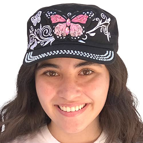 SILVERFEVER Damen Militär Kadett Cap Hut Patch Baumwolle Nieten Bestickt, Schwarz, Kristall-Schmetterling,