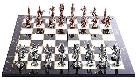Ancient Egypt The Pharaoh Antique Copper Figures Metal Chess Set for Adult, Handmade Pieces and Marble Design Wood Chess Board King 3.4 inc