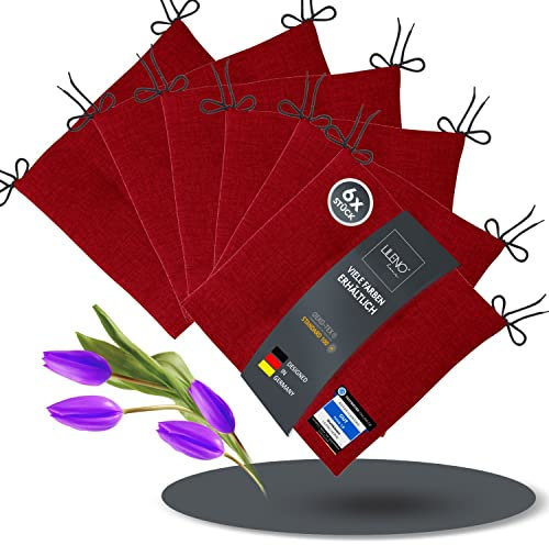 LILENO HOME 6er Set Stuhlkissen Bordeaux (40x40x4,5 cm) - Sitzkissen für Gartenstuhl, Küche oder Esszimmerstuhl - Bequeme UV-beständige Indoor u. Outdoor Stuhlauflage als Stuhl Kissen