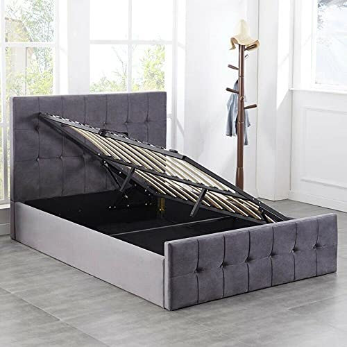 KOSY KOALA Milano Grey Velvet Ottoman storage Gas Side Lift Bed bed frame Cushioned high headboard 110CM Height (3FT SINGLE BED)