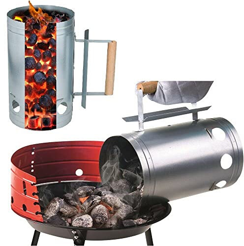 Taylor & Brown Barbecue BBQ Charcoal Chimney Starter Grill 27x17cm Quick Start Galvanised Steel Camping Fire Ignition Lighter Coal Fuel Burner Lighting Kit with Wooden Handle