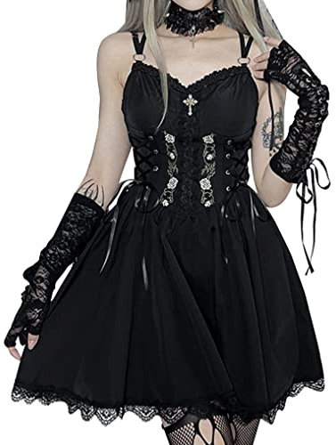 Damen Gothic Goth Dress Stil Kleid Schwarz Lange Bluse Mini-Kleid Kurze Party mit Trägern Spitze und Steampunk-Elementen - S
