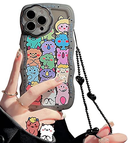NITITOP Compatible for iPhone 14 Pro Max Case, Cute Clear Cartoon Bear Animal with Heart Beaded Lanyard Wrist Strap for Women Girly, Soft TPU Full Protective Cover- Monster