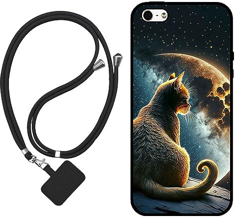 Sunrive Hülle Kompatibel mit iPhone 5/5S/SE(2016) Case,matt Handyhülle Schutzhülle Etui TPU Backcover (Mond,Sterne,Katze) +1x Universale Handykette MEHRWEG