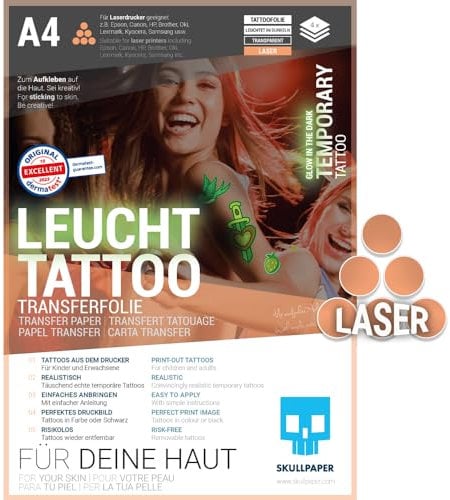 SKULLPAPER temporäre Leuchttattoo-Transferfolie FÜR DIE Haut - SEHR GUT getestet - für Laserdrucker (A4-4 Blatt)