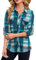 Timuspo Damen Weich Stretchy Plaid Shirts Roll Up Langarm Collared Button Down Blusen Türkis/M