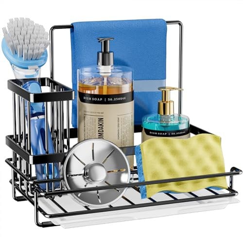 SWTYMIKI Kitchen Sink Caddy - All-in-One Kitchen Sink Organiser Sink Tidy Caddy with Detachable Brush and Sponge Holders, Caddy organiser with Drain Tray, Black