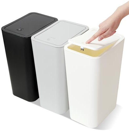 JOTOM 3er Set Mini Mülleimer Badezimmer mit Pop-Up Deckel, 10L moderner Abfalleimer Papierkorb Trash Bin, Abfallkorb Geeignet für Wohnzimmer, Schlafzimmer, Küche, WC, Büro (Schwarz, Beige, Grau)