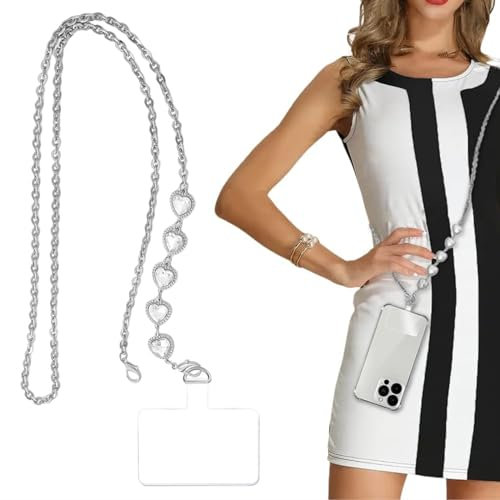 Ruzister Handy-Umhängekette, Handy-Lanyard, Diamant-Strass-Metall-Schultergurt, universeller Handy-Kettengurt mit Handy-Tether-Patches, kompatibel mit den Handys