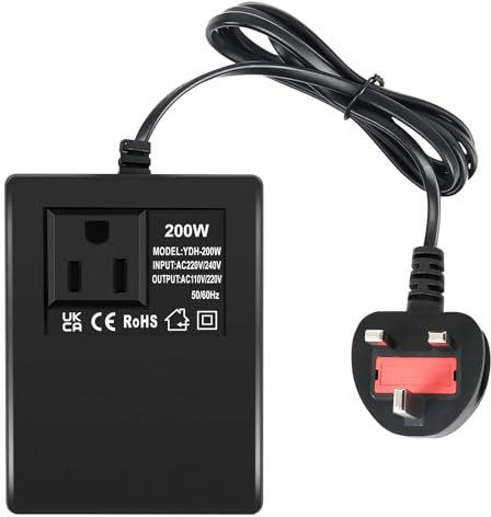 200W Step Down Power Voltage Converter Transformer (UK Plug) 220v/240v to 110v/120v, Intelligent Efficient Adapter Travel Power Adapter for WIFI, POS Machine, Power Bank