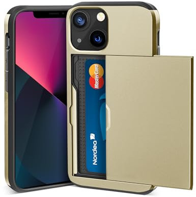 ACOCOBUY for iPhone 13 Case with Card Holder Sliding Cover Hidden Pocket IDs Credit Cards Slot Heavy Duty Shockproof Protective Dual Layer Wallet Phone Cover Back Shell for Men Women 6.1 inch Gold