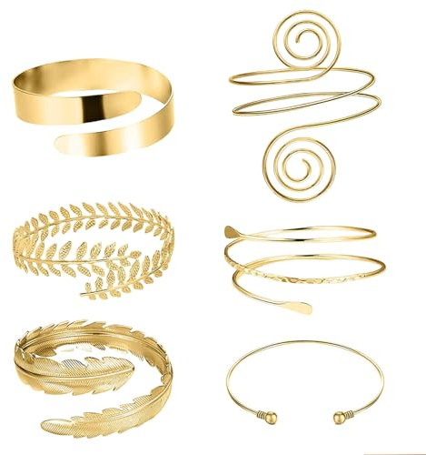 GlamRays 6 Stück Armreif Gold für Frauen und Mädchen Gold Mentales Gold Armreif offenes Oberarmreif Armband Armreifen einfach einstellbar Armband Set
