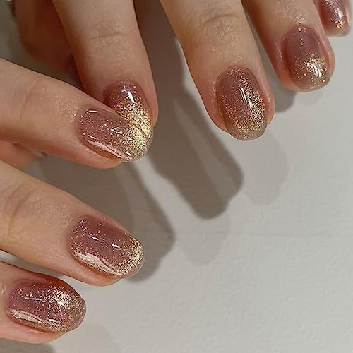 Glitter Nude Brown False Nails Short, SXVME Cat Eye Press on Nails Short Oval, Sparkly Shiny Fake Nails With Design, Cute Bling Short Almond Stick on Nails for Women Party Holiday Wear, 24 Pcs