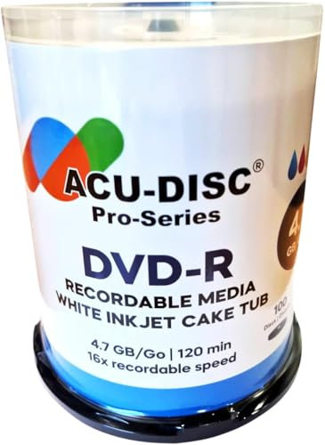 ACU-DISC Pro-Series DVD-R Blank 16x 4.7GB 120 Mins Full Face Brilliant White Inkjet Printable Blank Discs CakeTub 17615 - 100 Pack