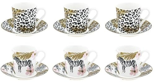 Villa Altachiara Set Di 6 Tazze Da Caffè Con Piattino, Porcellana New Bone, Stile Luxury Animalier, Ideale Per Colazioni, Brunch E Aperitivi, Linea Togo