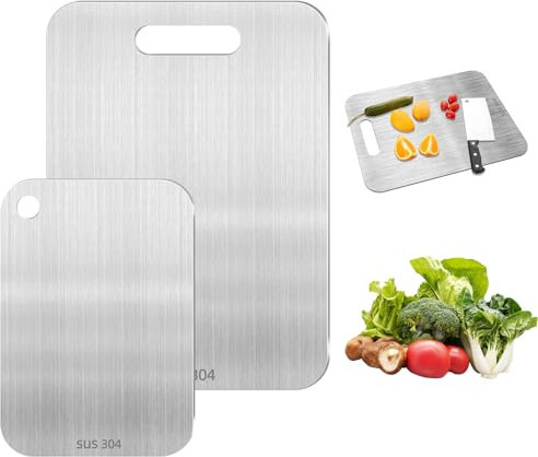 Piuluvor® 2 Stück Titan Schneidebrett, 304 Schneidebrett Edelstahl Titanium Cutting Board Doppelseitiges Lebensmittel Grade für Fleisch Gemüse Obst