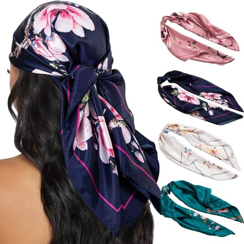 HBselect 4 Stk. Kopftuch für Frauen Schlaf 35“ Quadrat Schals für Damen Bandanas Haartuch Halstuch Haarschmuck Satin Schal Seidentuch für Haar 90×90cm KS5