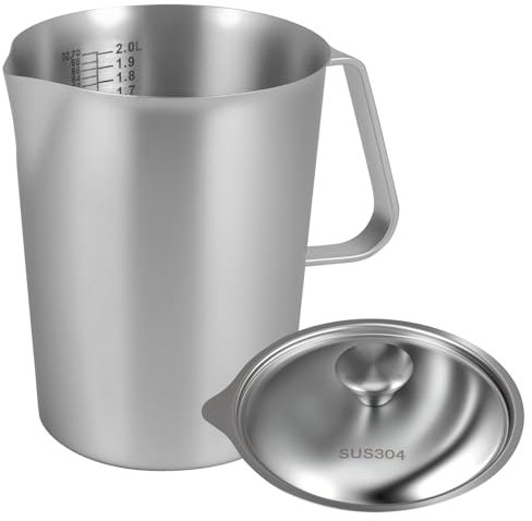 Milk Frothing Pitcher 2L Stainless Steel Milk Jug with Handle and Lid Rust Proof Large Mouth Metal Graduated Beaker with Clear Marking Barista Accessories for Making Cappuccino Latte and Espresso