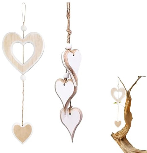 2 Stück Herz Deko Holz Anhänger,Fensterdeko Hängend Modern, Deko Zum Hängen Aufhängen,Fensterschmuck Hängend Frühlingsdeko,Boho Dekoherz Segenswunsch Fensterbrett Fensterdekoration,Wohnzimme Hochzeit