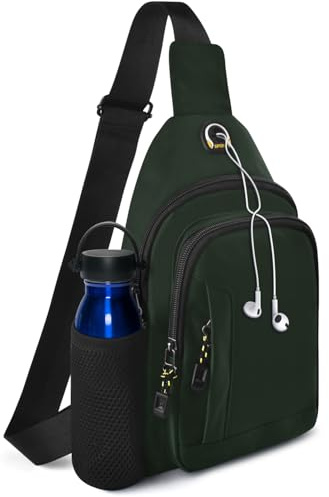 BROTOU Unisex Crossbody Shoulder Bag, Waterproof Chest Bag with Side Mesh Bag and USB Hole, Travel Hiking Daypack (Army Green)