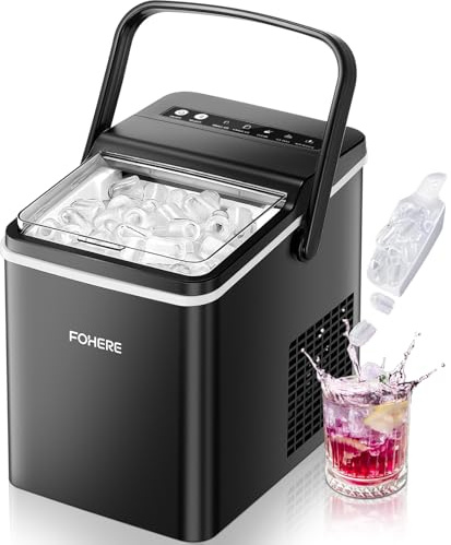 FOHERE Machine à Glaçons avec Poignée Portable, 14kg/24h, 9 Glaçons Bullet en 5 Minutes, 2 Tailles, Auto-Nettoyante, avec Cuillère & Panier – Idéale pour Maison Cuisine Bureau Camping Caravane