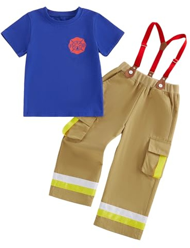 HZPHQY Kids Toddler Boy Girl Fireman Clothes Short Sleeve T Shirt Suspender Pants Overalls Firefighter Halloween Outfit