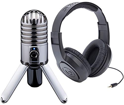 Samson Meteor Mic USB Studio Microphone (Chrome) Bundle With SR350 Stereo Headphones