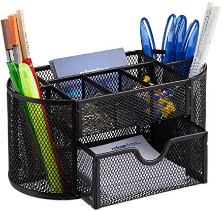 Relaxdays Schreibtischorganizer, Büroablage mit Stiftehaltern & Schublade, Metall Mesh, HBT: 10,5 x 22 x 11 cm, schwarz