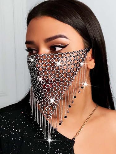 IYOU Bling Crystal Mesh Mask Schwarze Quaste Gesichtskette Maskerade Masken Kristall Anhänger Partys Ball Kostüme Bauchtanz Bühne Venezianische Karneval Kleid Masken Schmuck für Frauen und Mädchen