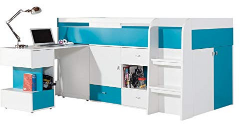 Furniture24 Multifunktionsbett mit ausziehbarem Schreibtisch Etagenbett Hochbett Bett MOBI MO21 mit Federkernmatratze, Kommode und Schrank (Weiß/Türkis)