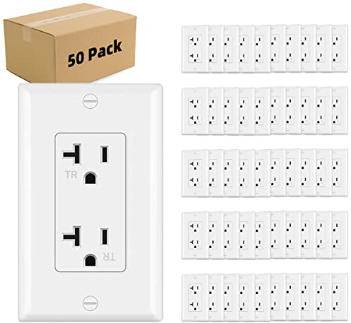 Micmi Outlet Socket, Decorator Receptacle, 20 Amp 125 Volt, Tamper Resistant, Grounding UL Listed White with Wall Plates 50pack (20A)