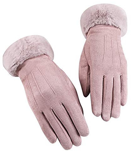 LIANGFANG Handschuhe Damen Touchscreen Lammfell Winterhandschuhe Warm Plüschhandschuhe Kaschmir Lederhandschuhe Fleece Gefütterter Damenhandschuh Outdoor Fahrradhandschuhe,Rosa,Einheitsgröße