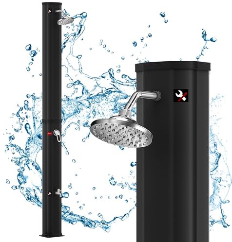 YUENFONG Solardusche für Garten, 35 Liter, Warmwasser, max. 60°C Außendusche Pooldusche mit Duschkopf passend für handelsübliche Gartenschläuche schwarz