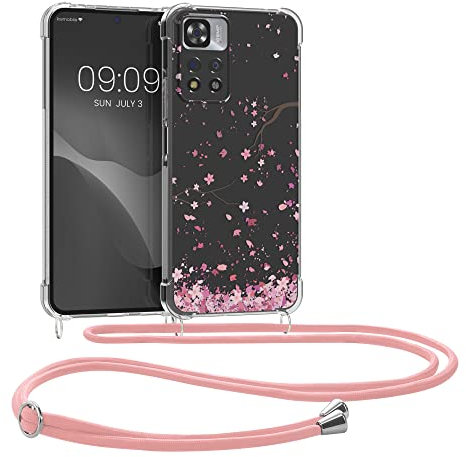 kwmobile Necklace Case kompatibel mit Xiaomi Redmi Note 11 Pro+ 5G / Note 11 Pro Plus 5G Hülle - Silikon Cover mit Handykette - Rosa Dunkelbraun Transparent Kirschblütenblätter