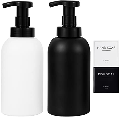 Foaming Hand Soap Dispenser Glass Jar Foam Dish Soap Dispenser for Bathroom and Kitchen Sink, Liquid Pump Bottle for Shampoo, Body Wash, Hand Soap, Black + White, 2 Pack