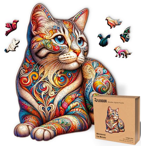 LEOGOR Whiskered Cat Mosaic – Holzpuzzle Erwachsene Katze, 350 Teile – 35,4 × 46 cm – 5 mm Dickes Holz, handgeformte Teile, Tierförmiges Mosaikdesign – Magisches Holz Puzzle für Puzzle-Liebhaber