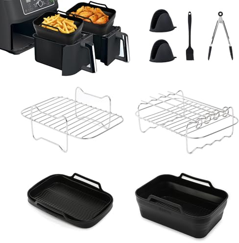 Easyki Foldable Silicone Liners 8 PCS Dual Air Fryer Accessories for Ninja AF300UK AF400UK & Tower T17088, Reusable Air Fryer Silicone Liners Gloves Food Clip, Dehydrator Rack with 4 Skewers Oil Brush
