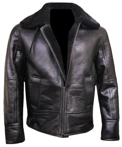 Litswear Schwarze Raf Fliegerjacke – Schwarze echte Lammfell-Bomberjacke für Fliegerpiloten, B3-Bomber-Winterjacke für Herren, Schwarz, XX-Large